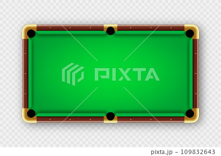 Green billiards table, top view. Snooker or pool sports equipment, recreation and hobby, competitive game. Vector illustration 109832643