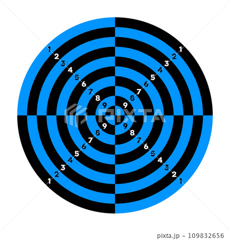 Shooting range paper target with divisions, marks and numbers. Archery, gun shooting practise and training, sport competition and hunting. Bullseye and aim. Vector illustration Shooting range paper target with divisions, marks and numbers. Archery, gun shooting practise and training, sport competition and hunting. Bullseye and aim. Vector illustration 109832656