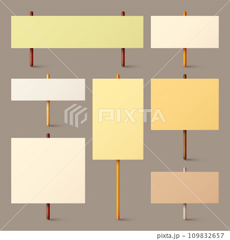 Blank colorful protest sign with wooden holder. Realistic vector demonstration banner. Strike action cardboard placard mockup Blank colorful protest sign with wooden holder. Realistic vector demonstration banner. Strike action cardboard placard mockup 109832657