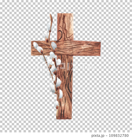 Easter cross with catkins on wooden background, palm sunday religious concept abstract. Willow twigs composition. For design. religious, flyer, template Easter cross with catkins on wooden background, palm sunday religious concept abstract. Willow twigs composition. For design. religious, flyer, template 109832780