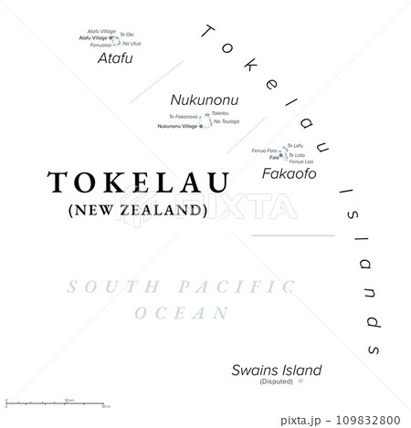 Tokelau, dependant territory of New Zealand, gray political map. South Pacific archipelago consisting of the tropical coral atolls Atafu, Nukunonu and Fakaofo. Swains Island is territorial disputed. Tokelau, dependant territory of New Zealand, gray political map. South Pacific archipelago consisting of the tropical coral atolls Atafu, Nukunonu and Fakaofo. Swains Island is territorial disputed. 109832800