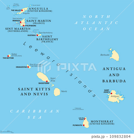 From Anguilla to Montserrat, political map. Islands in the Caribbean, part of Leeward Islands and Lesser Antilles. Anguilla, Saint Martin, Saint Kitts and Nevis, Antigua and Barbuda, and Montserrat. 109832804