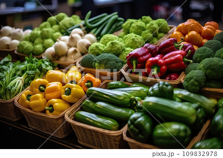 Abundance of Health Vibrant Organic Vegetables Displayed at a Local Grocery Store. created with Generative AI 109832978