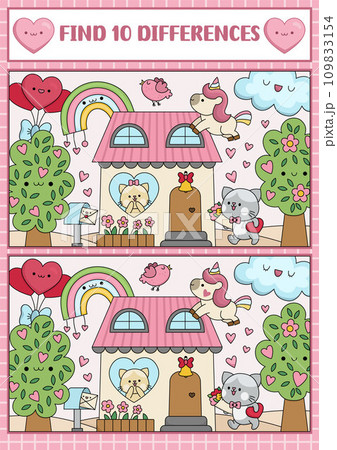 Saint Valentine kawaii find differences game for children. Attention skills activity with scene with cute cat couple, house, unicorn. Love holiday puzzle for kids. Printable what is different Saint Valentine kawaii find differences game for children. Attention skills activity with scene with cute cat couple, house, unicorn. Love holiday puzzle for kids. Printable what is different 109833154