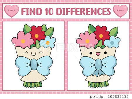 Saint Valentine kawaii find differences game for children. Attention skills activity with cute bouquet with flowers. Love holiday puzzle for kids. Printable what is different worksheet 109833155