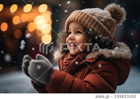 Smiling Mixed Race Toddler in City, Festive Snowfall, Christmas Joy and Winter Delights. created with Generative AI 109833262
