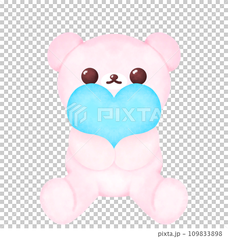 Cute Pink Bear with Blue heart Doodle illustration, Hand drawn, water color, Pencil in doodle 109833898