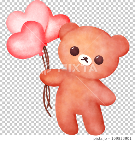 Cute Brown Bear with heart balloon Doodle illustration, Hand drawn, water color, Pencil in doodle 109833901