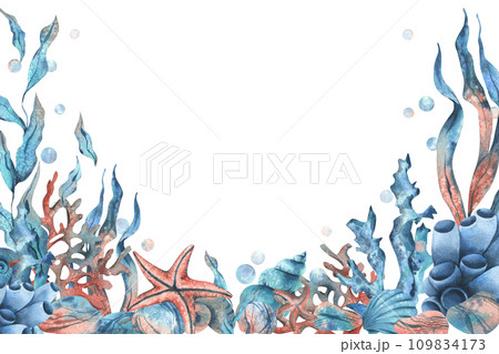 Underwater world clipart with sea animals whale, turtle, octopus, seahorse, starfish, shells, coral and algae. Hand drawn watercolor illustration. Set of isolated objects on a white background. 109834173