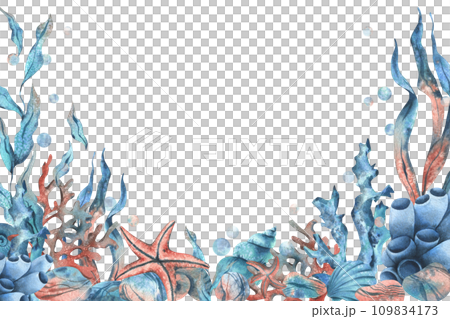Underwater world clipart with sea animals whale, turtle, octopus, seahorse, starfish, shells, coral and algae. Hand drawn watercolor illustration. Set of isolated objects on a white background. 109834173