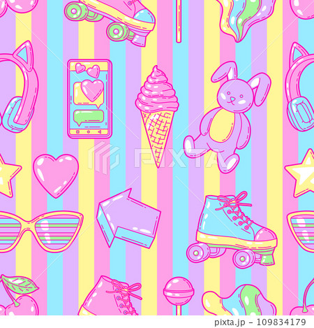Seamless pattern with fashion girlish items. Colorful cute teenage background. 109834179