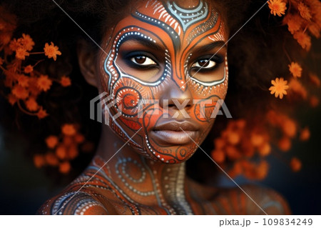 Portrait showcasing the rich heritage of Australian Aboriginal indigenous culture. Woman adorned with traditional patterns standing in wooded area with trees and foliage in background 109834249