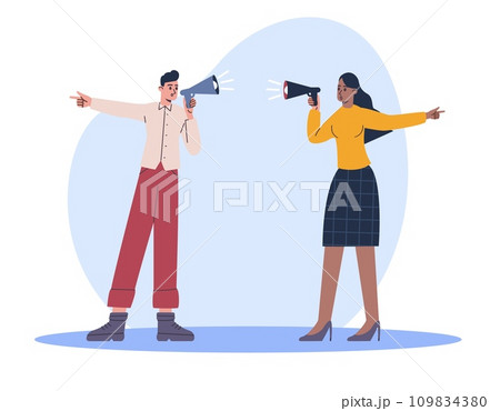 Various areas of business development. People with megaphones. Businessman rivalry. Public speakers debate. Marketing conflict. Man and woman shouting at loudspeakers. Vector concept 109834380