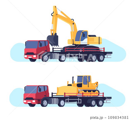Truck carrying construction equipment. Lorry for excavator and bulldozer shipping. Transport logistics. Industrial vehicle traffic. Cargo automobile. Building machine. Vector concept 109834381