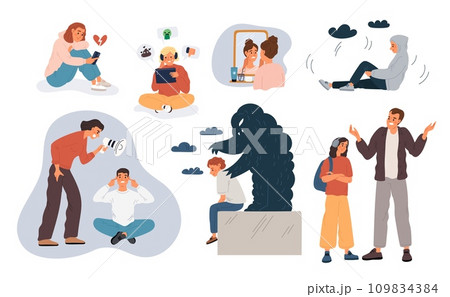 Teens problems. Stressful situation. Teenagers depression. Transitional age. Dissatisfaction with appearance. Mental crisis. Quarrels with parents. Unhappy people. Garish vector set 109834384
