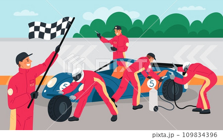 Professional pit stop mechanics. Car repair at sport race. Fast automobile maintenance. Workers team in uniform. Racing competition. Tire change. Technician crew. Garish vector concept Professional pit stop mechanics. Car repair at sport race. Fast automobile maintenance. Workers team in uniform. Racing competition. Tire change. Technician crew. Garish vector concept 109834396