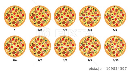 Pizza with fractions. Food pieces. Mathematical calculations. Meal rate. Children education. Whole pepperoni. Baking slice diagram. Italian cuisine. Pizzeria restaurant. Vector concept Pizza with fractions. Food pieces. Mathematical calculations. Meal rate. Children education. Whole pepperoni. Baking slice diagram. Italian cuisine. Pizzeria restaurant. Vector concept 109834397