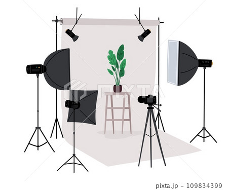 Photo studio with special lighting equipment. Camera at tripod. Professional photographic tools. Spotlights and flash umbrellas. Plant in flowerpot. Snapshot backdrop. Vector concept Photo studio with special lighting equipment. Camera at tripod. Professional photographic tools. Spotlights and flash umbrellas. Plant in flowerpot. Snapshot backdrop. Vector concept 109834399