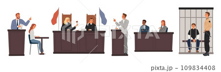 People in judicial system. Courtroom elements. Law representatives. Jurors and lawyers at tribunes. Prosecutor, accused or judge. Attorneys in lawsuits. Crime in cell. Garish vector set People in judicial system. Courtroom elements. Law representatives. Jurors and lawyers at tribunes. Prosecutor, accused or judge. Attorneys in lawsuits. Crime in cell. Garish vector set 109834408