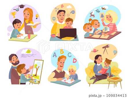 Parents learning children. Moms and dads help kids do homework. Adult and student characters. Family studying together. Distance education. Read books. Paint picture. Splendid vector set 109834413