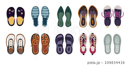Male and female shoes top view. Cartoon footwear different types. Colorful espadrilles and sandals. Stylish accessories. Casual sneakers and moccasins. Trendy clothing. Garish vector set 109834416