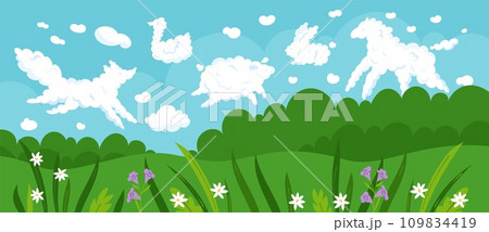 Landscape with zoomorphic clouds. Bizarre cloudy outlines. Similarity with animals. Summer glade. Kids imagination. Forest meadow panorama. Cloudscape fantasy. Garish vector concept Landscape with zoomorphic clouds. Bizarre cloudy outlines. Similarity with animals. Summer glade. Kids imagination. Forest meadow panorama. Cloudscape fantasy. Garish vector concept 109834419