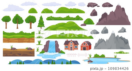 Landscape elements constructor. Natural objects of different geographical zones. Various trees or rocks. River waterfall. Scenic mountain and hills. Countryside house. Recent vector set Landscape elements constructor. Natural objects of different geographical zones. Various trees or rocks. River waterfall. Scenic mountain and hills. Countryside house. Recent vector set 109834426