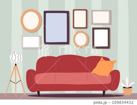 Home interior. Comfortable sofa. Plant in flowerpot. Lamp light. Picture and photo frames at wall. Living room furniture and decoration. Pillow on couch. Empty apartment. Vector concept Home interior. Comfortable sofa. Plant in flowerpot. Lamp light. Picture and photo frames at wall. Living room furniture and decoration. Pillow on couch. Empty apartment. Vector concept 109834432