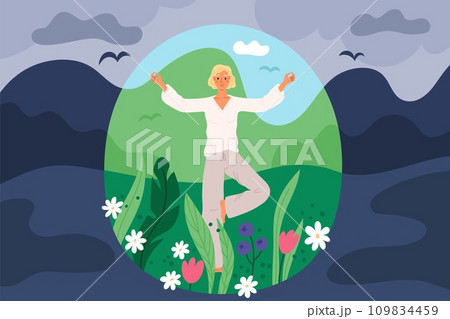 Colorful personal boundaries. Woman meditates while standing on one leg. Beautiful inner world. Introverted girl. Person in bubble barrier. Calm and meditation. Garish vector concept 109834459