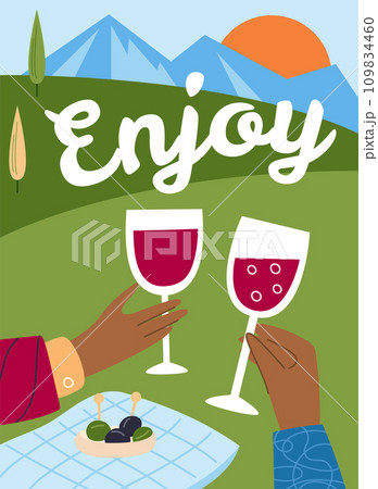Cartoon wine card. Couple drinking grape alcohol. Summer picnic in park. Hands holding wineglass and olive. Romantic lunch. Blanket on grass. Mountain landscape. Vector banner design 109834460