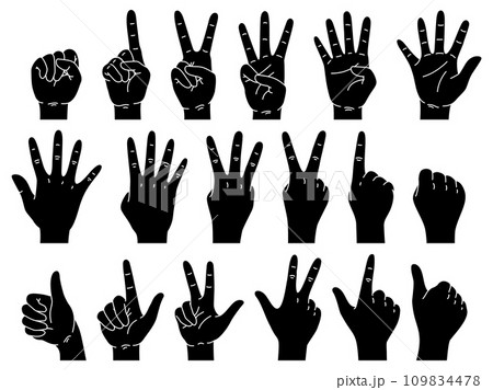 Black flat hands silhouettes counting. Keeping score with gestures. Different number of fingers. Palm and back of arm. Monochrome human fist showing. Nonverbal symbols. Recent vector set 109834478