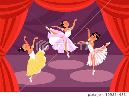 Ballet scene. Ballerinas girls perform on stage. Kids dance show. Light tutus. Pointe shoes. Red theater curtain. Choreographic positions. Dancers performance. Splendid vector concept Ballet scene. Ballerinas girls perform on stage. Kids dance show. Light tutus. Pointe shoes. Red theater curtain. Choreographic positions. Dancers performance. Splendid vector concept 109834488