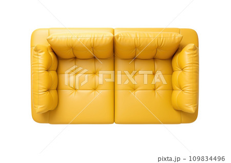 Top view of a vibrant yellow tufted leather sofa, adding a pop of color and a luxurious touch to modern living spaces, isolated on white background. Cut out furniture. Generative AI. 109834496