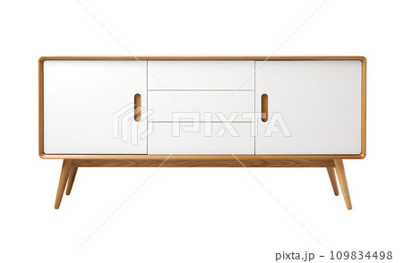 Scandinavian-inspired sideboard with white doors, wooden frame, offering sleek and minimalist look ideal for modern homes, isolated on white background. Cut out furniture. Front view. Generative AI. 109834498