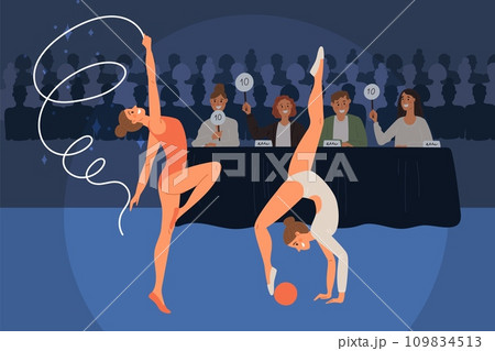 Artistic gymnast performance. Sports competitions. Athletes before jury. Exercise with rhythmic gymnastic equipment. Acrobatics tournament. Women flexible poses. Garish vector concept Artistic gymnast performance. Sports competitions. Athletes before jury. Exercise with rhythmic gymnastic equipment. Acrobatics tournament. Women flexible poses. Garish vector concept 109834513