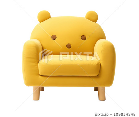 Cute and cozy children's yellow armchair with bear ear details, ideal for adding a playful touch to any kid's bedroom or play area, isolated on white background. Front view. Generative AI. 109834548