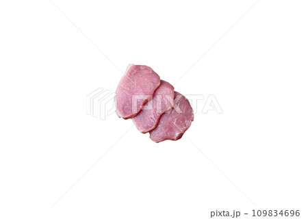 A piece of raw fresh pork on a wooden cutting board with spices and herbs A piece of raw fresh pork on a wooden cutting board with spices and herbs 109834696