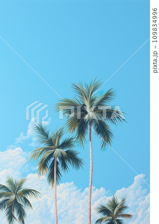 Tall palm trees soar into a bright blue sky with fluffy clouds, evoking a tropical paradise vibe. Vacation, holiday background. Empty, copy space for text. Generative AI. 109834996