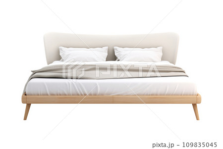 Modern Scandinavian-style bed with headboard and natural wood base, complete with white bedding and beige throw. Double bed isolated on white background. Cut out furniture. Front view. Generative AI. Modern Scandinavian-style bed with headboard and natural wood base, complete with white bedding and beige throw. Double bed isolated on white background. Cut out furniture. Front view. Generative AI. 109835045