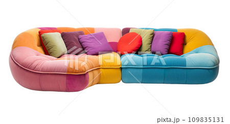 Modern multicolor curved sofa with a harmonious blend of warm and cool tones and assorted throw pillows, isolated on a white background. Cut out furniture. Front view. Generative AI. 109835131