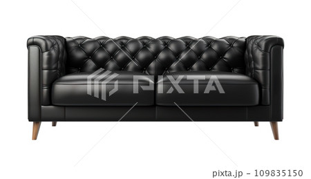 Elegant, classic black leather sofa, embodying sophistication and timeless design, isolated on white background. Cut out furniture. Front view. Generative AI. 109835150