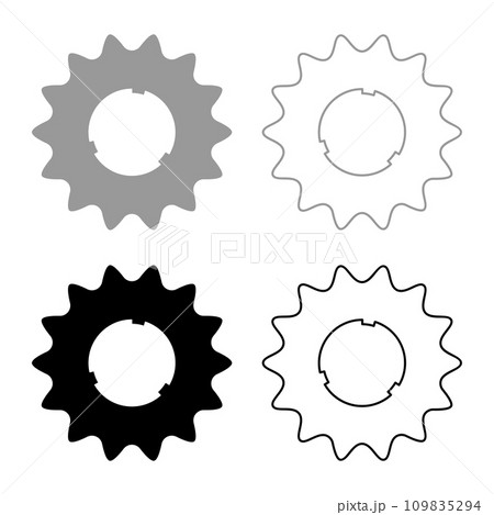 Cogset sprocket bicycle star gear service sprocket cogs wheel with teeth engages with chain set icon grey black color vector illustration image solid fill outline contour line thin flat style 109835294