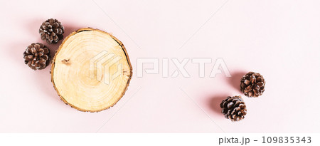 Tree trunk cut and pine cones on pink background top view web banner Tree trunk cut and pine cones on pink background top view web banner 109835343