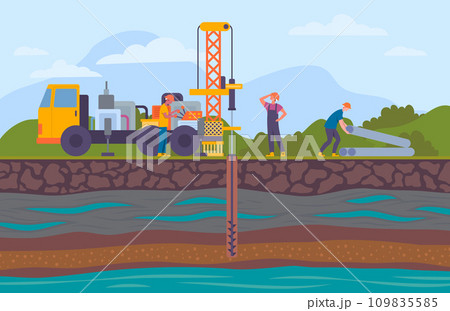 Cartoon Color Water Well Drilling Landscape Scene Concept Flat Design Style. Vector illustration of Layers of Land with Underground River 109835585