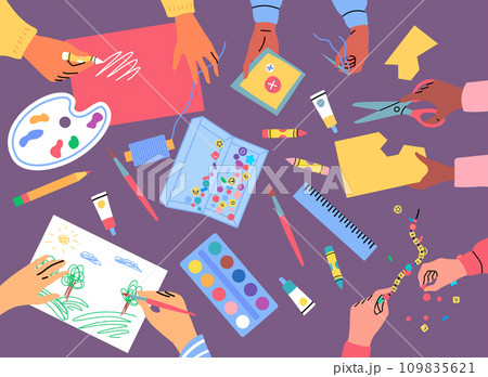 Cartoon Color Creative Kids Lab Top View Concept Flat Design Style. Vector illustration of Hands Creating Handmade Work Cartoon Color Creative Kids Lab Top View Concept Flat Design Style. Vector illustration of Hands Creating Handmade Work 109835621