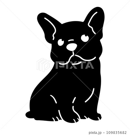 前を向いてお座りするフレンチブルドッグのシルエット　顔付き 109835682
