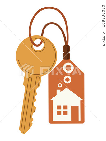Door keys keyfob. Ring with trinket, keychains plastic tag hanging on keyring. House, apartment or room locking accessories. Cartoon flat vector isolated on white background 109836050