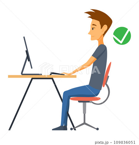 Correct body alignment in sitting working with computer. Wrong posture cause office syndrome and back pain. Vector illustration 109836051
