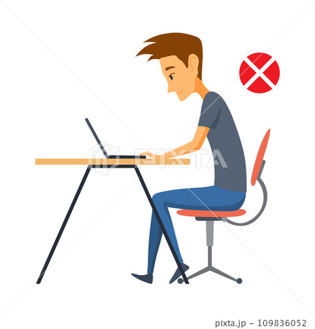 Correct body alignment in sitting working with computer. Wrong posture cause office syndrome and back pain. Vector illustration 109836052