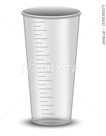 Plastic or glass measure jug. Realistic glass cup with measurement scale for volume isolated. Container for cooking or chemicals. Vector icon 109836075